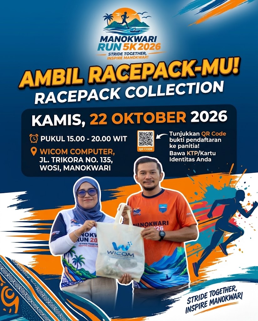 Poster pengambilan racepack Manokwari Run 5K 2026, Kamis 22 Oktober 2026 pukul 15.00-20.00 WIT di Wicom Computer
