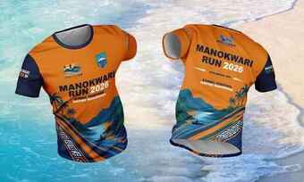 Jersey resmi Manokwari Run 2026 warna oranye, tampak depan dan belakang