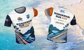 Jersey resmi Manokwari Run 2026 warna putih, tampak depan dan belakang