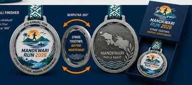 Medali finisher eksklusif Manokwari Run 2026 dengan desain berputar 360 derajat